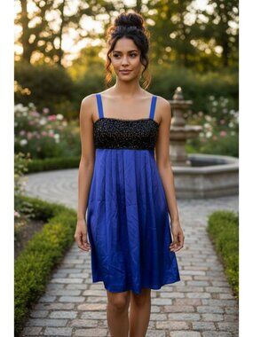 BCBGMaxAzria 100% Silk Straps Beaded Top Flared Party multicolor dress size 6